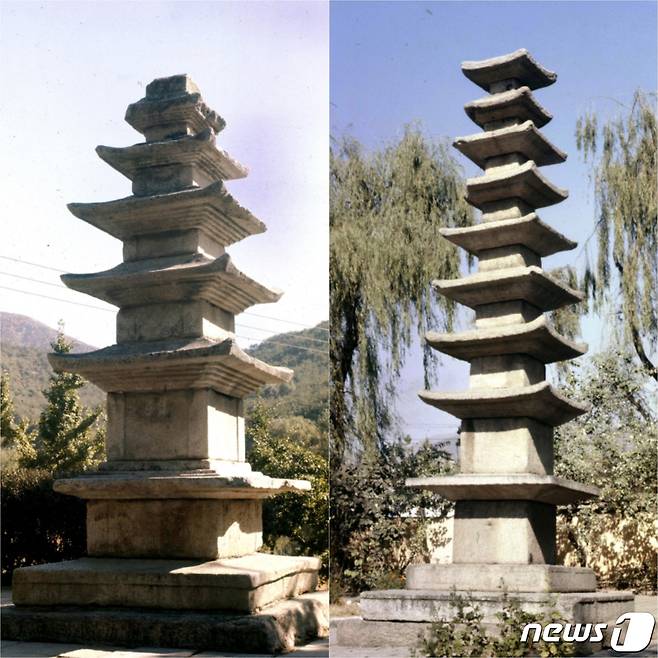 황해남도 해주시 옥계동에 있는 해주5층탑(왼쪽)과 해청동에 있는 해주9층탑(오른쪽). 모두 고려시기 석탑이다. (미디어한국학 제공) 2021.01.23.© 뉴스1