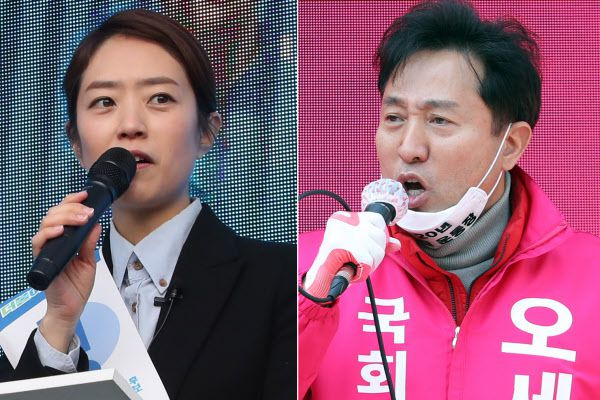 4·15 총선 서울 광진을에 출마한 더불어민주당 고민정 후보(왼쪽)과 미래통합당 오세훈 후보가 공식 선거운동 개시일인 2일 서울 광진구 자양사거리에서 각각 유세하고 있다