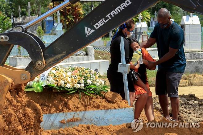 브라질 마나우스의 한 공동묘지에서 코로나19 사망자를 애도하는친척 [AFP=연합뉴스]