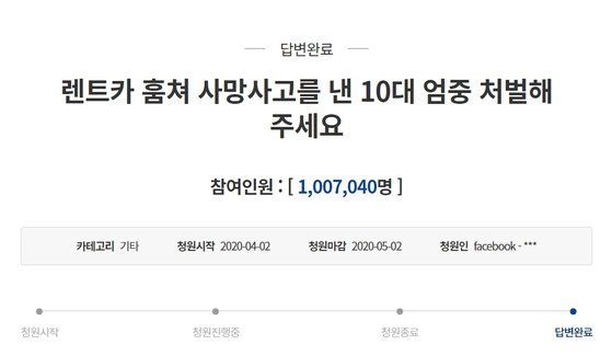 지난해 4월 2일 청와대 국민청원 게시판에는 촉법소년의 엄중 처벌을 요청하는 청원글이 올라왔다. 이 청원은 사회적 공분을 사며 100만 7040명의 동의를 얻었다. 청와대 홈페이지 캡처