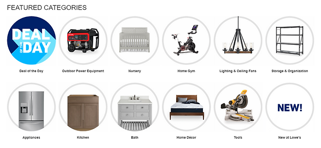 로우스가 취급하고 있는 상품 카테고리. 건축자재는 물론 가구, 가전, 비상용 발전기 등 거의 모든 내구재를 판매 중입니다. [자료 = lowes.com]