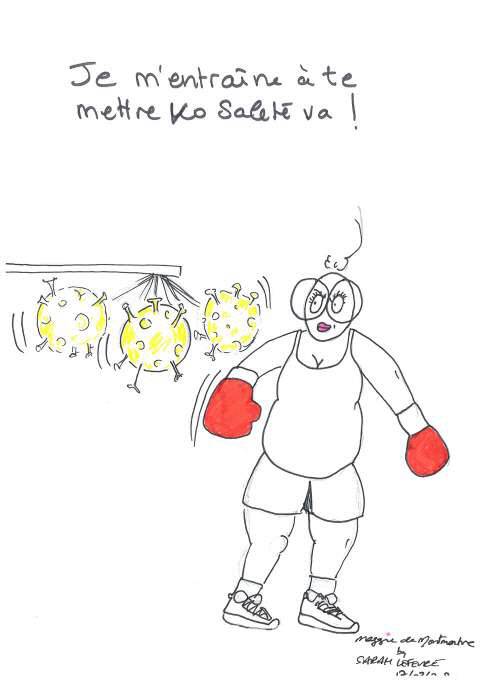 사라 르페브르의 ‘바이러스를 차 버려’(2020). 르페브르가 만든 캐릭터 ‘마기’의 취미생활 중엔 ‘격투기’도 있다. 무서운 게 없는 이 30대 싱글여성은 태어난 동네 몽마르뜨를 너머 파리지앤을 상징하는 캐릭터로 성장했다(사진=사라 르페브르).