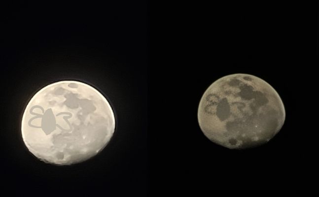 정보기술(IT) 커뮤니티 미니기기코리아의 한 회원이 ‘갤럭시노트20 울트라’ 20배 이상 줌 기능으로 촬영한 사진. 왼쪽에 그린 벌 그림이 오른쪽 사진에서 달 표면 질감처럼 표시됐다고 주장한다. 미니기기코리아 캡처