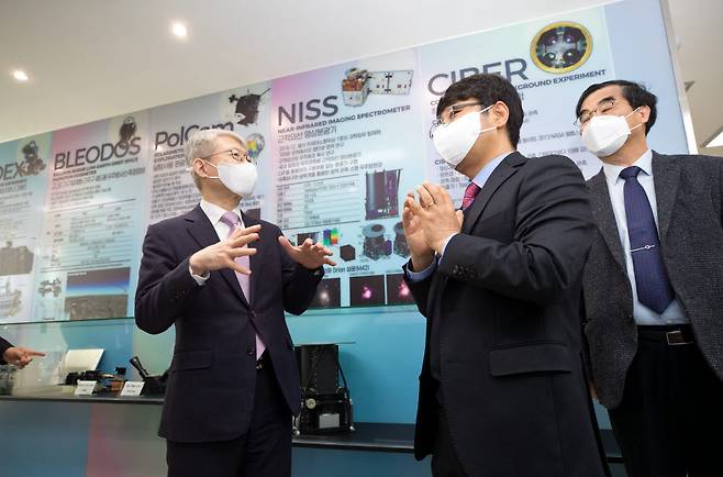최기영 과학기술정보통신부 장관(왼쪽)이 최영준 한국천문연구원 우주과학본부장으로부터 우주 관측 카메라 및 지구 관측 카메라 에 대한 설명을 듣고 있다.
