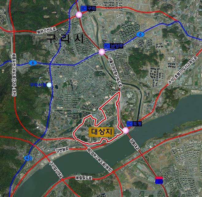 한강변 도시개발사업 위치도.(지도=구리시 제공)