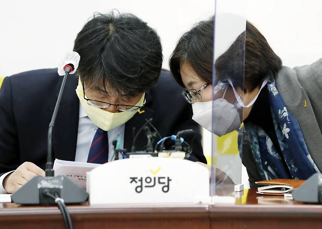 정의당 김윤기 당대표 직무대행과 박인숙 부대표가 26일 서울 여의도 국회에서 열린 전략협의회에서 대화하고 있다. /연합뉴스