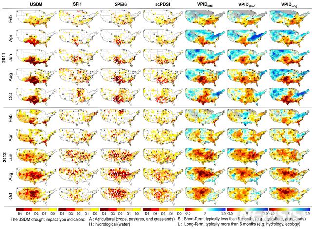 [울산=뉴시스] 구미현 기자 = UNIST 도시환경공학과 임정호 교수 연구팀은 특정 유형의 가뭄만을 대표하는 각 가뭄지수를 통합해 정확도 높은 새 가뭄지수를 생산하는 기법(VPA; Vector Projection Analysis)을 개발했다. 기존 관측소 기반 가뭄지수 및 VPA를 통해 계산된 가뭄지수의 공간 분포 비교. (UNIST 제공) 2021.01.27. photo@newsis.com