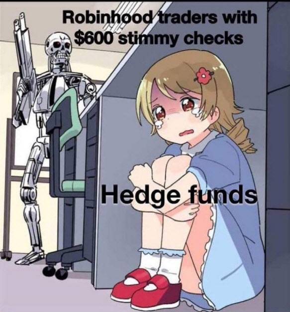 지난해 말 통과된 미국 경기부양책으로 미국 국민 1인에 지급되는 재난지원금 600달러를 쥔 개인 투자자들이 공매도 잔액이 큰 종목을 찾아, 하락에 베팅한 헤지 펀드가 두려워하고 있는 상황을 풍자한 인터넷 밈 중 하나. (출처=트위터)