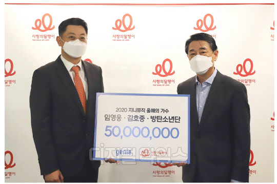 지난 26일 이상헌 전략마케팅실장(왼쪽)이 사랑의달팽이에 5000만원을 기부하면서 기념사진을 찍고 있다. 지니뮤직 제공