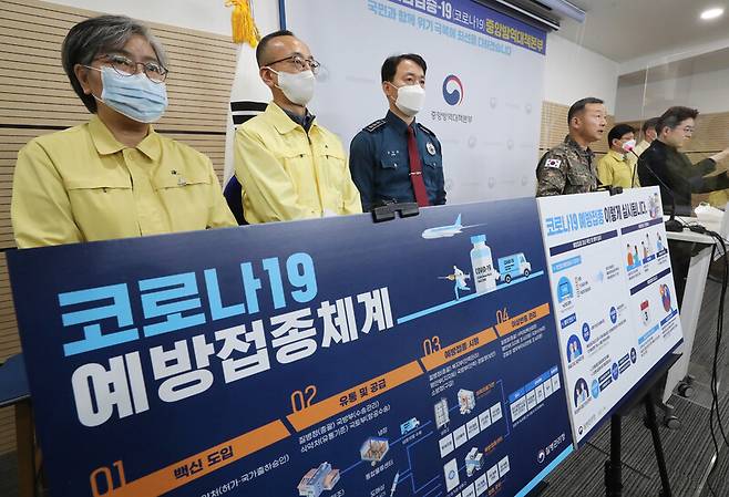 코로나19 예방접종 대응 추진단장을 맡고 있는 정은경 질병관리청장(중앙방역대책본부장, 왼쪽)을 비롯한 국방부, 경찰청, 행안부 등 배석자들이 28일 오후 충북 청주시 질병관리본부에서 ’코로나19 예방접종 종합계획’을 발표하고 있다. 연합뉴스