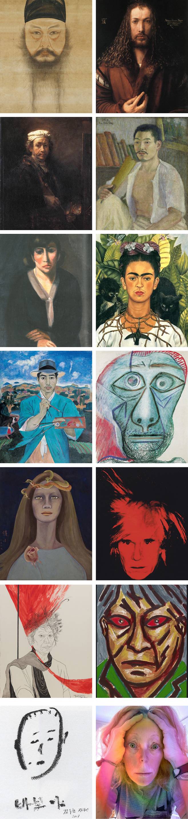 미술가들은 시대·지역을 넘어 자신의 정체성을 표현하는 자화상 작업을 한다. 사진은 맨 위 왼쪽부터 윤두서(1710·녹우당), 뒤러(1500·독일 알테 피나코텍), 렘브란트(1660·루브르박물관), 고희동(1915·국립현대미술관), 나혜석(1928 추정·수원시립아이파크미술관), 프리다 칼로(1940·텍사스대), 이쾌대(1940년대 후반·개인), 피카소(1972·후지TV갤러리), 천경자(1977·서울시립미술관), 앤디 워홀(1986·크리스티 제공), 윤석남(2018·작가), 서용선(2009·개인), 김수환 추기경(2007), 신디 셔먼(2020·인스타그램 캡처)의 자화상. 괄호 안은 작품 제작 연도·소장처 등. 경향신문 자료사진