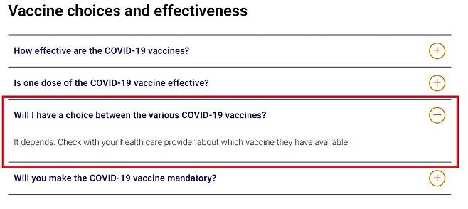 미국 캘리포니아주 백신 선택권 안내 캘리포니아 주는 백신 선택권에 대해 "상황에 따라 다르다"며 "어떤 백신을 접종할 수 있는지 담당 의료기관에 확인하라"고 안내한다.[출처: https://covid19.ca.gov/vaccines/]