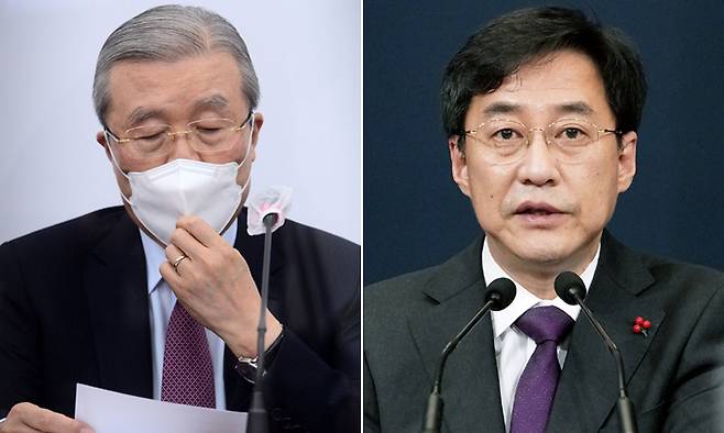 국민의힘 김종인 비상대책위원장(왼쪽)과 강민석 청와대 대변인. 연합뉴스