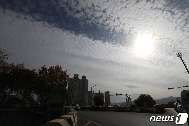 대구 달구벌대로 상공의 태양과 구름이 오묘한 모양을 띄고 있다. 2020.11.2/뉴스1 © News1 공정식 기자