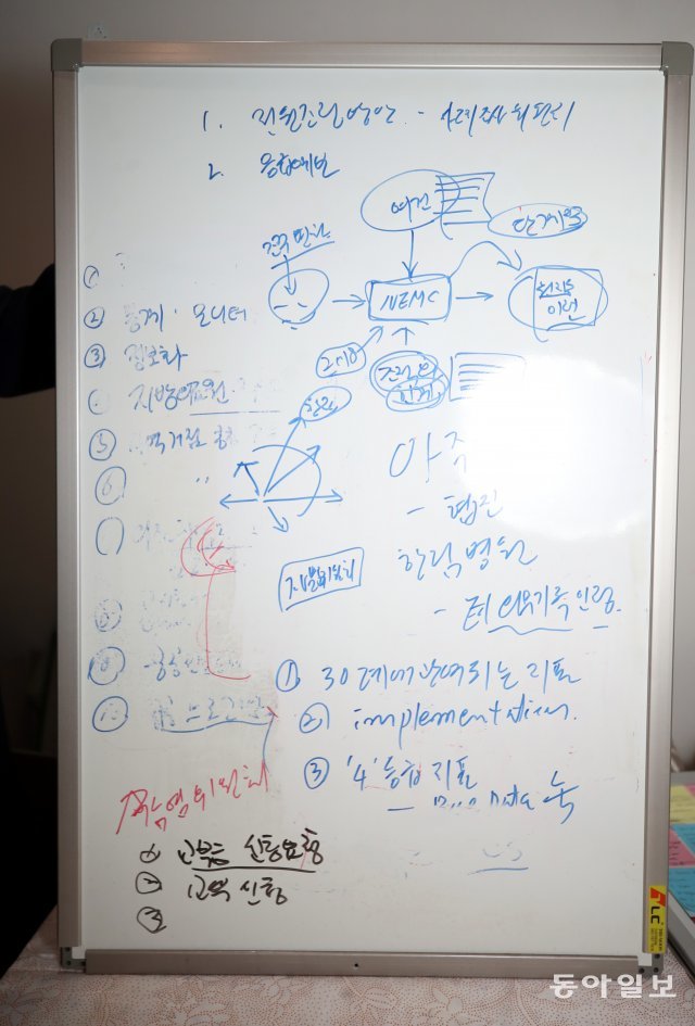 집무실 화이트보드에는 윤한덕 센터장과 동료들의 회의 내용이 담겨 있다. 광주=박영철 기자 skyblue@donga.com