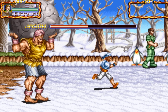 (체력이 1/4 정도 남으면 갑자기 거대한 철구를 들어 던진다.)