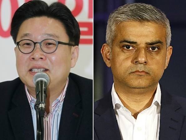 서경덕 성신여대 교수(왼쪽)와 사디크 칸 영국 런던시장. 세계일보 자료사진