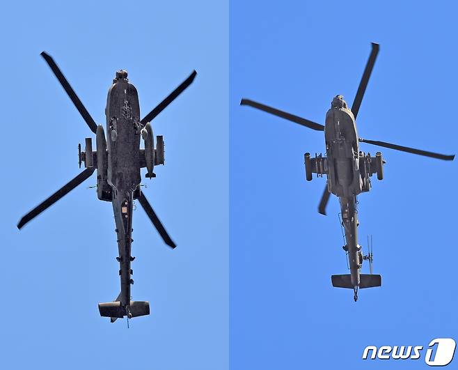 경북 포항시 남구 수성사격장에서 올해 사격훈련을 시작한 미 육군 AH-64 아파치 헬기는 우리 군이 보유하고 있는 헬기와 다른 기종으로 확인됐다. 왼쪽은 우리 군이 보유 중인 AH-64E롱보우 아파치 헬기로 헬파이어 발사관 옆에 연료탱크가 부착돼 있다. 오른쪽 사진은 지난 4일 수성사격장 상공에서 사격을 준비 중인 주한 미군의 AH-64D/E 아파치 가디언 업그레이드 버전 헬기. 2021.2.5/© 뉴스1© 뉴스1