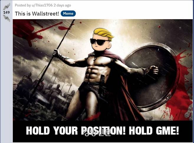 온라인 커뮤니티 레딧의 토론방 ‘월스트리트베츠’에 지난 4일 올라온 게시글. 게임스톱의 주가가 폭락하고 있는 상황에서 영화 ‘300’을 패러디해 주식을 매도하지 말 것을 독려하고 있다. 레딧 캡처