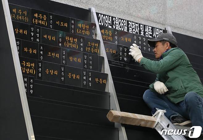 제주 4·3 71주년 추념식을 이틀 앞둔 1일 제주시 봉개동 4·3 평화공원 내 위패봉안실에서 관계자들이 희생자 126명의 위패를 봉안하고 있다. 지난 27일 제주 4·3사건 진상규명 및 희생자 명예회복 위원회는 제주 4·3 희생자 130명을 추가 인정했다. 이중 4명은 생존자다.2019.4.1/뉴스1 © News1 이석형 기자