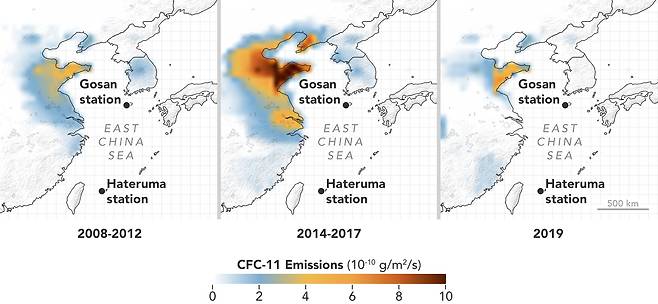 2008~2012년(왼쪽)과 2014~2017년(가운데), 2019년(오른쪽)의 프레온가스 평균 배출량. 색이 진할수록 배출량이 많다는 의미다. 중국 동부지역의 배출량이 크게 늘었다가 최근 감소 추세로 돌아섰음을 알 수 있다./네이처