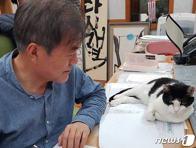 청와대는 12일 사회관계망서비스(SNS)를 통해 문재인 대통령이 반려견, 반려묘와 함께 있는 모습을 공개했다. 문 대통령이 청와대 관저에서 반려묘 찡찡이를 돌보며 설 명절을 보내고 있다.(청와대 제공)2021.2.12/뉴스1