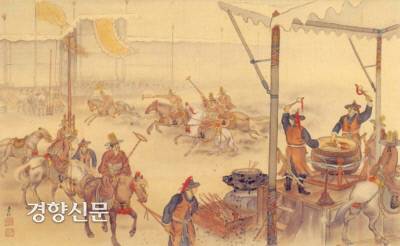 월북화가 이여성(1901~?)의 ‘격구도’. 정종은 왕위를 동생 이방원에게 넘긴 뒤 격구와 사냥, 온천, 연회 등을 마음껏 즐기며 19년을 더 살다가 1419년 승하했다.|렛츠런파크서울말박물관 소장