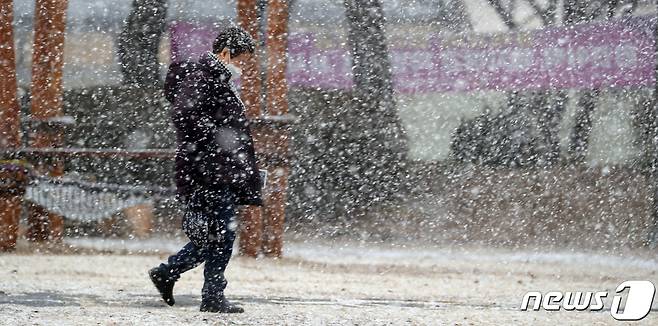 전북 일부 지역에 대설주의보가 발효된 16일 전북 전주시 전주시청 앞에서 한 시민이 쏟아져 내리는 눈을 맞으며 발걸음을 재촉하고 있다. 2021.2.16/뉴스1 © News1 유경석 기자