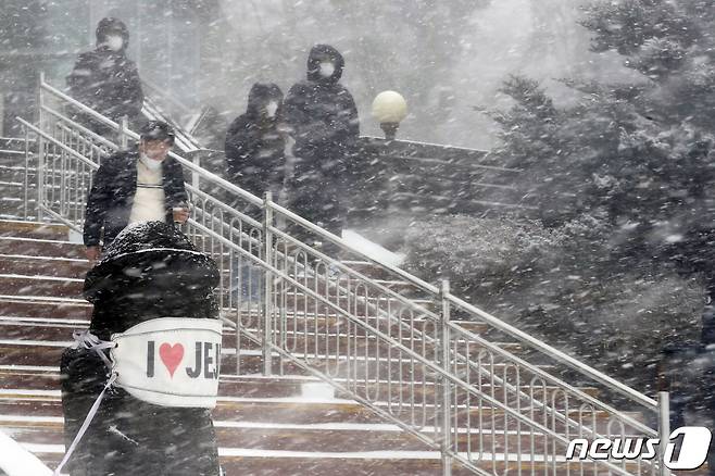 제주도 산지에 대설주의보가 발효 중인 17일 오전 제주 1100고지에 많은 눈이 내리고 있다.2021.2.17/뉴스1 © News1 오현지 기자