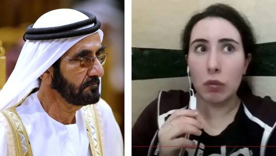 아랍에미리트의 부통령이자 두바이 통치자인 셰이크 모하메드 빈 라시드 알마크툼(왼쪽)과 그의 딸 셰이크 라티파(오른쪽). 라피타가 탈출하다 붙잡힌 뒤 갇힌 별장의 화장실에서 스마트폰으로 비밀 영상을 찍는 모습. AP 연합뉴스, BBC 영상 갈무리.