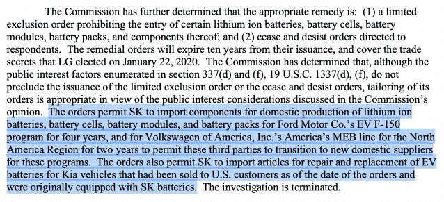 미국 ITC 최종결정문에서 발췌. ITC는 SK가 공급하는 포드 'F-150'용 배터리와 폭스바겐 'MEB'용 배터리 셀·모듈·팩 등의 수입은 각각 4년, 2년간 한시적으로 허용했다. 현재 판매 중인 기아 전기차용 배터리의 수리·교체를 위한 제품 수입도 허용했다. 자료=지디넷코리아
