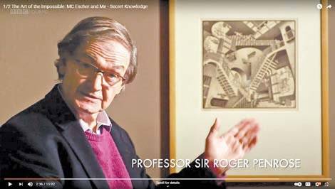2015년 BBC 다큐멘터리에서 에셔의 ‘상대성’ (1953)을 설명하는 로저 펜로즈. [사진 유튜브 캡처]