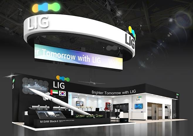 A rendering of LIG Nex1’s booth in IDEX 2021, where the company will showcase its medium-range surface-to-air M-SAM II missile, anti-tank guided missile Raybolt, wearable robot Lexo, unmanned surface vehicle Sea Sword and multipurpose, compact drone systems. (LIG Nex1)