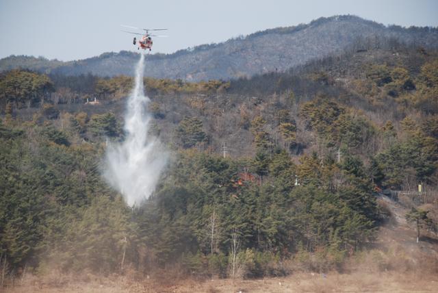 산림청 헬기가 임동면소재지 주변에서 잔불을 끄기위해 물을 뿌리고 있다. 이용호기자
