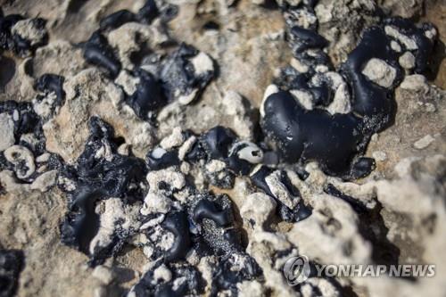기름 유출 사고가 발생한 이스라엘 지중해 변을 덮친 검은색 기름 덩어리 [AP=연합뉴스]