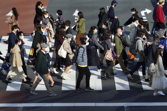 지난 22일 도쿄 중심가 횡단보도. 마스크를 쓴 사람들이 길을 건너고 있다. AP뉴시스