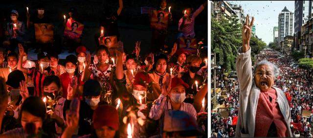 21일(현지시간) 양곤에서 시위대가 독재에 대한 저항의 상징인 '세 손가락 경례'를 하며 촛불시위를 하고 있다(왼쪽). 젊은 세대뿐 아니라 노년층도 시위에 적극 동참하고 있다. 양곤=로이터 연합뉴스·SNS 캡처