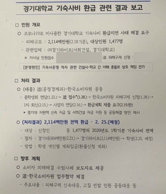 이재명 경기도지사가 24일 경기대학교 학생들이 미사용 기간의 기숙사비를 환불받을 수 있도록 조치했다. / 사진=이재명 지사 SNS 캡처