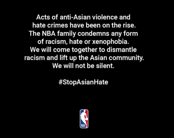 '#Stopasianhate' 해시태그 운동에 동참한 NBA. 〈사진=NBA 페이스북 캡쳐〉