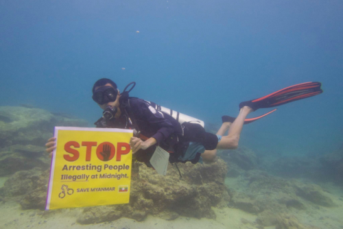 A diver holds a placard during an underwater protest near Bird Island, Ngwe Saung, Myanmar February 22, 2021 in this picture obtained from social media. Picture taken February 22, 2021. GEORGIE AUNG/via REUTERS ATTENTION EDITORS - THIS IMAGE HAS BEEN SUPPLIED BY A THIRD PARTY. MANDATORY CREDIT. NO RESALES. NO ARCHIVES.