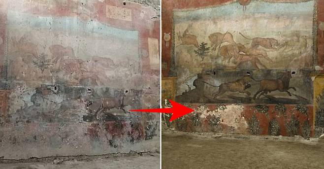 2000년 전 고대 도시 폼페이의 벽화의 복원 전 후 모습