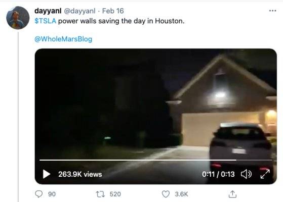 미국 텍사스 주에 찾아온 겨울 폭풍으로 블랙아웃이 발생했다. 하지만 가정용 ESS를 설치한 주택은 대규모 블랙아웃을 피할 수 있었다. [사진 트위터 캡쳐]