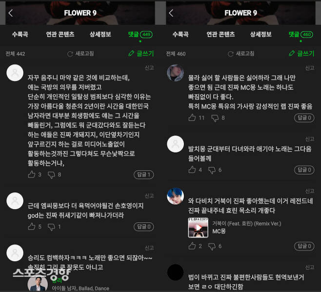 MC몽 정규 앨범 ‘플라워9’ 댓글란에 달린 일부 누리꾼들의 평가. 멜론 홈페이지 캡처