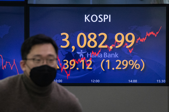 A screen at Hana Bank's trading room in central Seoul shows the Kospi closing at 3,082.99 points on Wednesday, up 39.12 points, or 1.29 percent, from the previous trading day. [NEWS1]