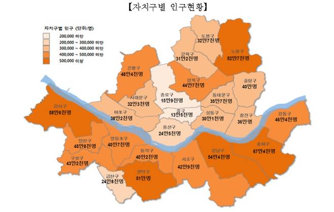 2020년 말 기준 서울시 자치구별 인구 현황. 서울시 제공