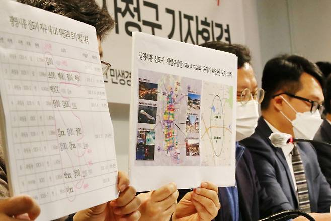 2일 오전 서울 종로구 참여연대에서 열린 ‘한국토지주택공사 직원들의 광명·시흥 신도시 사전투기의혹 공익감사청구’ 기자회견에서 민변·참여연대 관계자들이 땅투기 의혹을 받는 LH공사 직원의 명단과 토지 위치를 공개하고 있다. (사진=연합뉴스 제공)