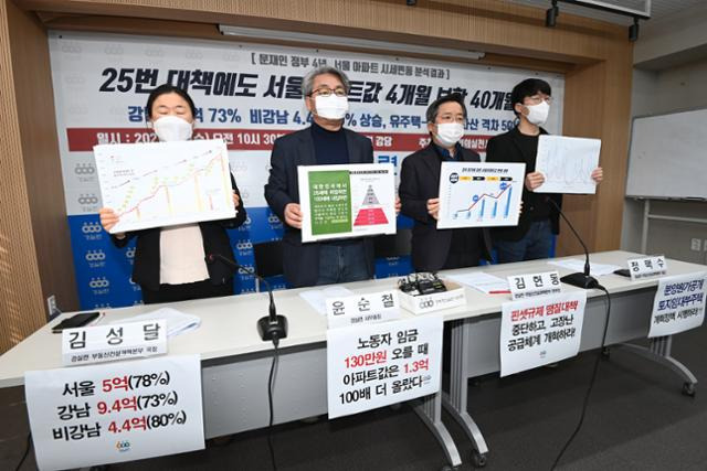 경제정의실천시민연합(경실련)이 3일 서울 종로구 경실련 강당에서 '문재인 정부 4년, 서울 아파트 시세변동 분석결과' 기자회견을 진행하고 있다. 뉴스1