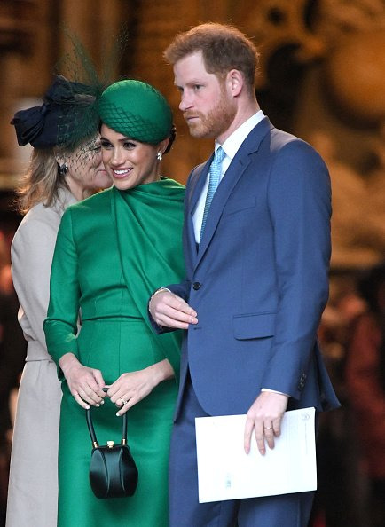 LONDON, ENGLAND - MARCH 09: Prince Harry, Duke of Sussex and Meghan, Duchess of Sussex depart after attending the Commonwealth Day Service 2020 at Westminster Abbey on March 09, 2020 in London, England. (Photo by Karwai Tang/WireImage)