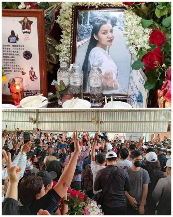 3일 열린 치알 신의 장례식 모습. 참석자들은 군부 쿠데타 저항의 상징으로 세 손가락을 들었다. 트위터 캡처