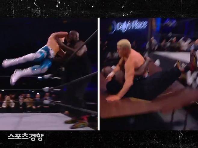 샤킬 오닐이 4일 AEW 다이너마이트 레슬링에 나서 상대 로즈와 함께 링 밖으로 떨어지면서 탁자를 박살냈다. TMZ 화면캡처